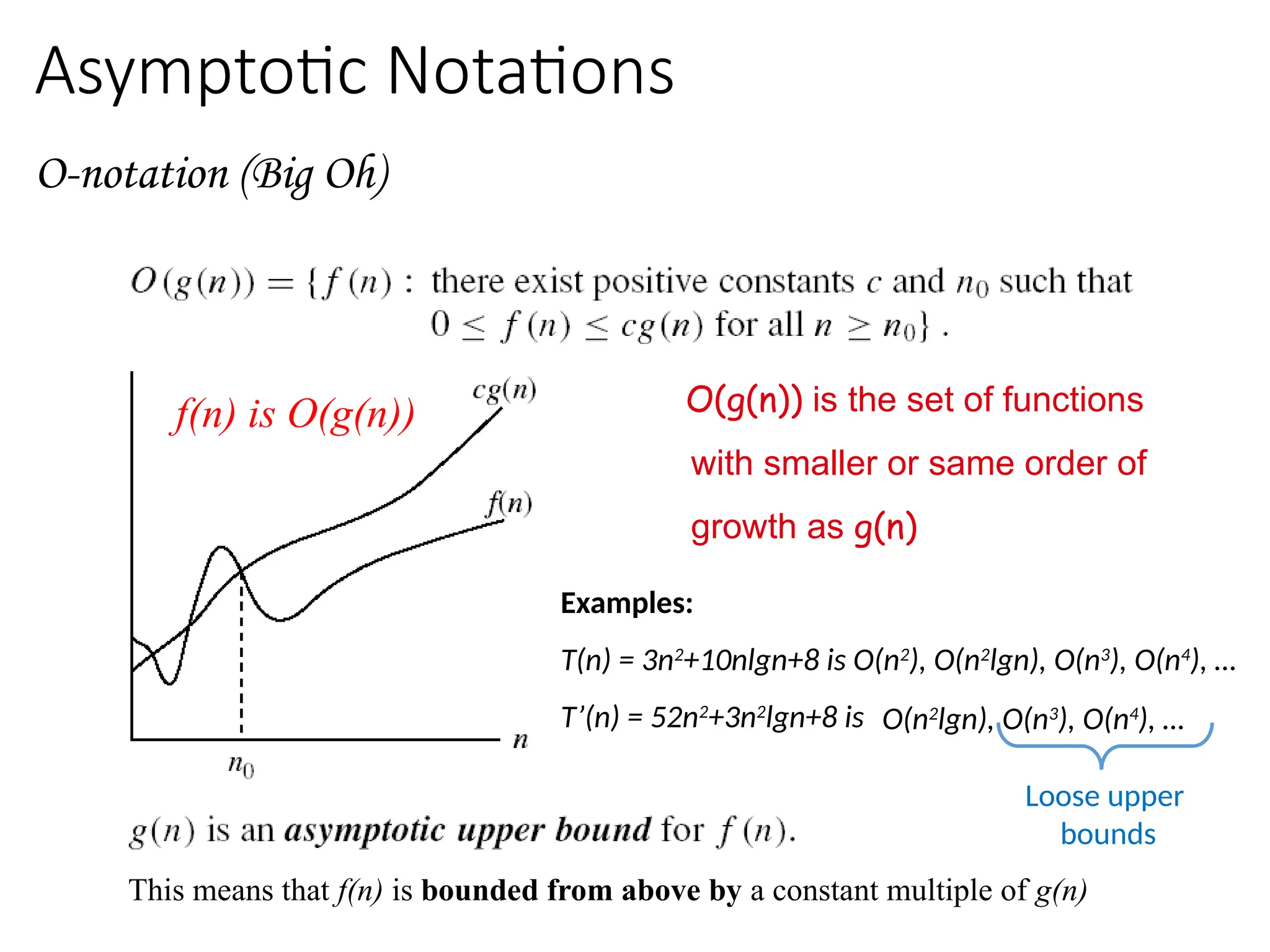 Asymptotic Notations
O-notation (Big Oh)
O(g(n)) is the set of functions
with smaller or same order of
growth as g(n)
Examples:
T(n) = 3n2
+10nlgn+8 is O(n2
), O(n2
lgn), O(n3
), O(n4
), …
T’(n) = 52n2
+3n2
lgn+8 is
Loose upper
bounds
O(n2
lgn), O(n3
), O(n4
), …
This means that f(n) is bounded from above by a constant multiple of g(n)
f(n) is O(g(n))
 