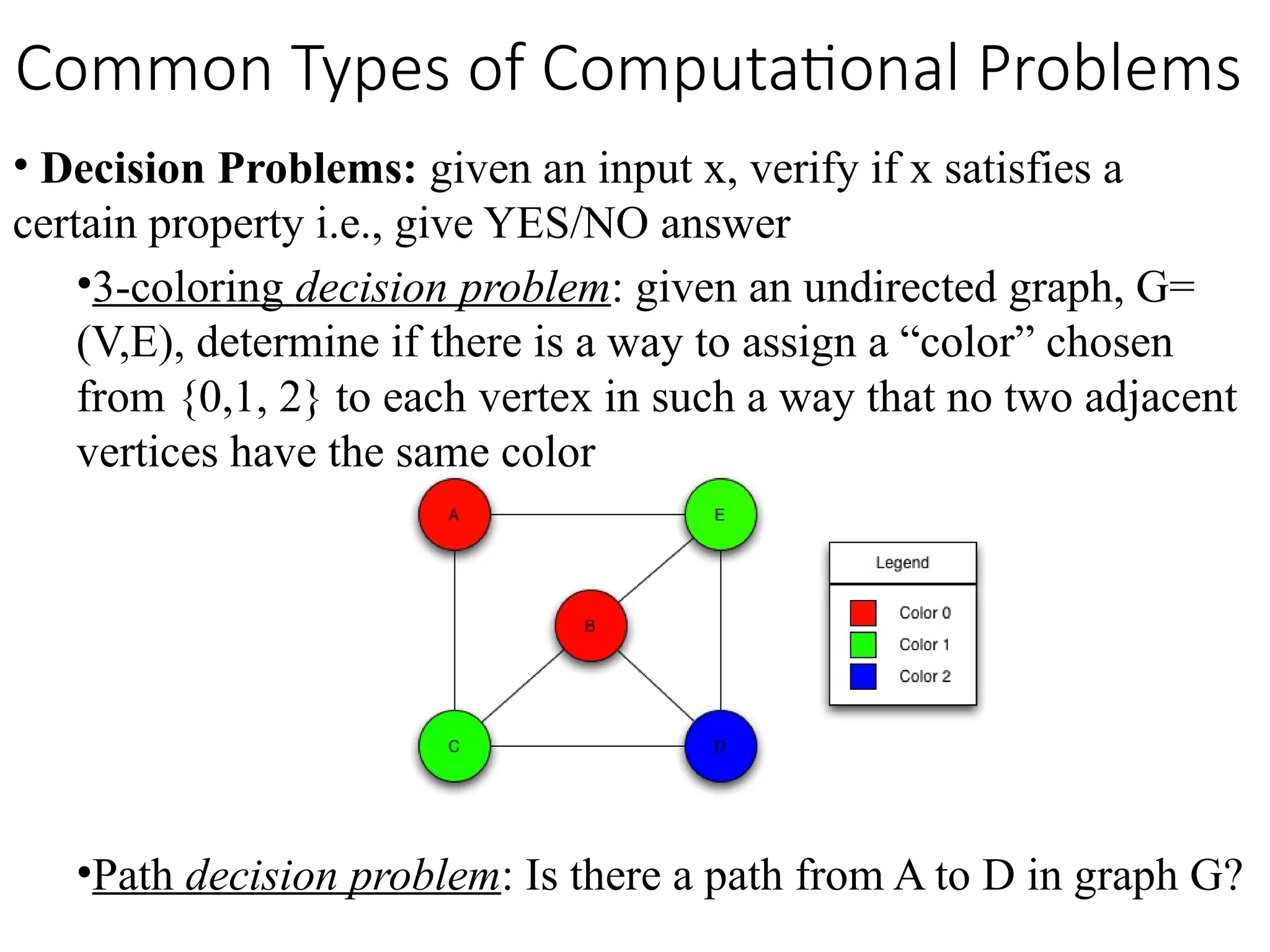 • Decision Problems: given an input x, verify if x satisfies a
certain property i.e., give YES/NO answer
•3-coloring decision problem: given an undirected graph, G=
(V,E), determine if there is a way to assign a “color” chosen
from {0,1, 2} to each vertex in such a way that no two adjacent
vertices have the same color
•Path decision problem: Is there a path from A to D in graph G?
Common Types of Computational Problems
 