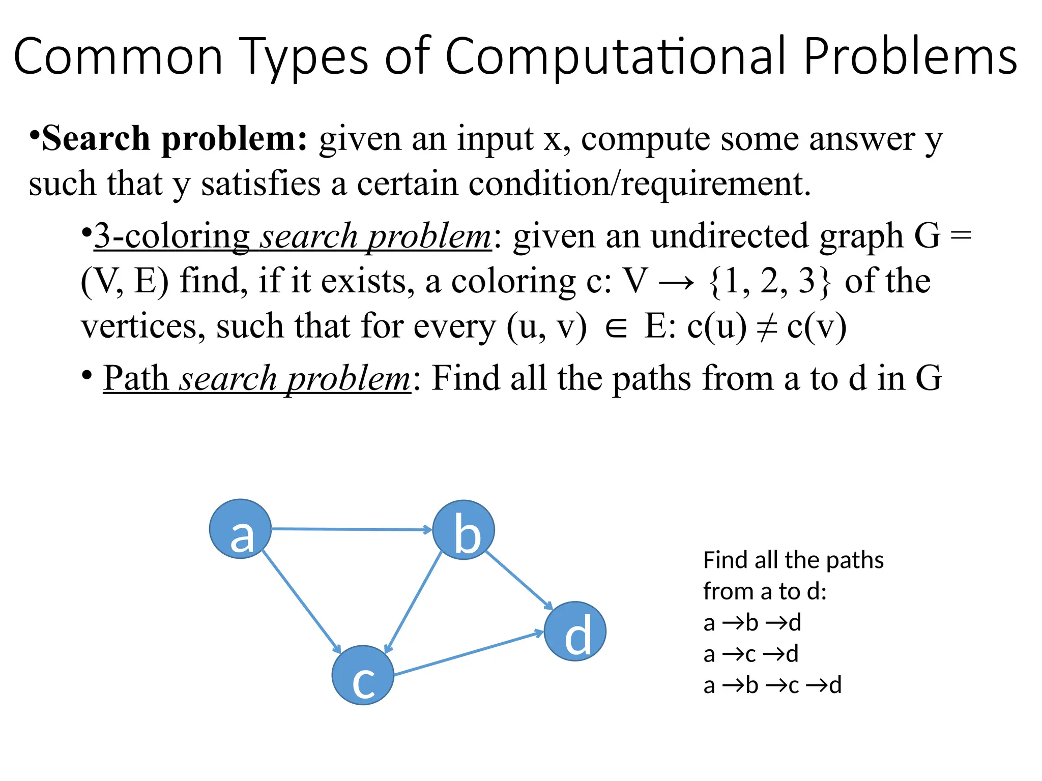 •Search problem: given an input x, compute some answer y
such that y satisfies a certain condition/requirement.
•3-coloring search problem: given an undirected graph G =
(V, E) find, if it exists, a coloring c: V → {1, 2, 3} of the
vertices, such that for every (u, v) E: c(u) ≠ c(v)
∈
• Path search problem: Find all the paths from a to d in G
a b
c
d
Find all the paths
from a to d:
a →b →d
a →c →d
a →b →c →d
Common Types of Computational Problems
 