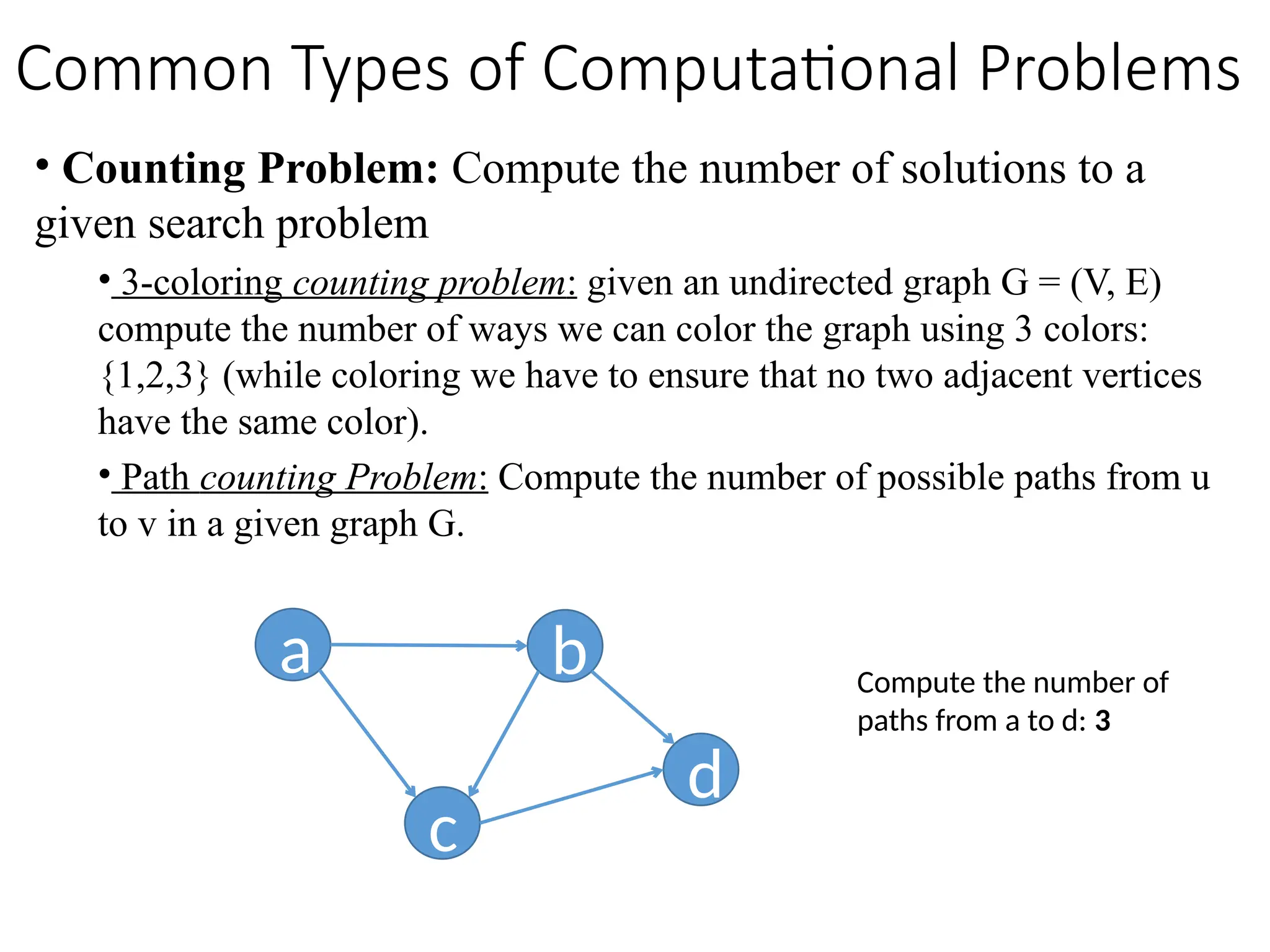 • Counting Problem: Compute the number of solutions to a
given search problem
• 3-coloring counting problem: given an undirected graph G = (V, E)
compute the number of ways we can color the graph using 3 colors:
{1,2,3} (while coloring we have to ensure that no two adjacent vertices
have the same color).
• Path counting Problem: Compute the number of possible paths from u
to v in a given graph G.
a b
c
d
Compute the number of
paths from a to d: 3
Common Types of Computational Problems
 