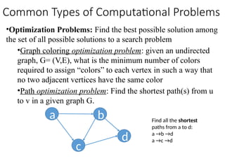 •Optimization Problems: Find the best possible solution among
the set of all possible solutions to a search problem
•Graph coloring optimization problem: given an undirected
graph, G= (V,E), what is the minimum number of colors
required to assign “colors” to each vertex in such a way that
no two adjacent vertices have the same color
•Path optimization problem: Find the shortest path(s) from u
to v in a given graph G.
a b
c
d
Find all the shortest
paths from a to d:
a →b →d
a →c →d
Common Types of Computational Problems
 