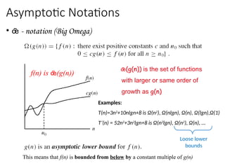 Asymptotic Notations
•  - notation (Big Omega)
(g(n)) is the set of functions
with larger or same order of
growth as g(n)
Examples:
T(n)=3n2
+10nlgn+8 is Ω(n2
), Ω(nlgn), Ω(n), Ω(lgn),Ω(1)
T’(n) = 52n2
+3n2
lgn+8 is Ω(n2
lgn), Ω(n2
), Ω(n), …
This means that f(n) is bounded from below by a constant multiple of g(n)
f(n) is (g(n))
Loose lower
bounds
 