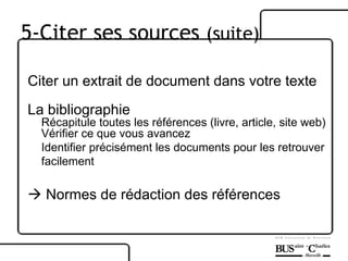 Citer un extrait de document dans votre texte La bibliographie Récapitule toutes les références (livre, article, site web) Vérifier ce que vous avancez Identifier précisément les documents pour les retrouver facilement    Normes de rédaction des références 5-Citer ses sources  (suite) 