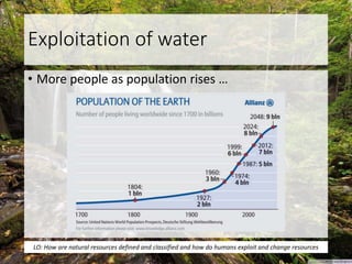 Exploitation of water
• More people as population rises …
LO: How are natural resources defined and classified and how do humans exploit and change resources
 