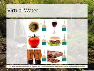Virtual Water
LO: How are natural resources defined and classified and how do humans exploit and change resources
 