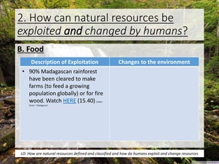 2. How can natural resources be
exploited and changed by humans?
B. Food
Description of Exploitation Changes to the environment
• 90% Madagascan rainforest
have been cleared to make
farms (to feed a growing
population globally) or for fire
wood. Watch HERE (15.40) (Indian
Ocean – Madagascar)
LO: How are natural resources defined and classified and how do humans exploit and change resources
 