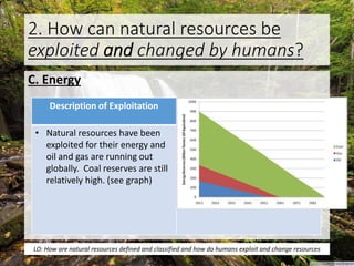 2. How can natural resources be
exploited and changed by humans?
C. Energy
Description of Exploitation Changes
• Natural resources have been
exploited for their energy and
oil and gas are running out
globally. Coal reserves are still
relatively high. (see graph)
• In China 2/3 of electricity
comes from coal fired power
stations. Watch this video and
write down some of the
problems in China from their
dependence on coal
LO: How are natural resources defined and classified and how do humans exploit and change resources
 