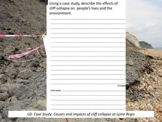 Using a case study, describe the effects of
cliff collapse on people’s lives and the
environment.
LO: Case Study: Causes and impacts of cliff collapse at Lyme Regis
 
