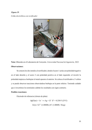 25
Figura 19.
Celda electrolítica con rectificador
Nota: Obtenido en el Laboratorio de Corrosión. Universidad Nacional de Ingeniería, 2022.
Observaciones:
Se conecta los dos metales al rectificador, donde el acero 1 actúa con polaridad negativo
en el lado derecho y el acero 2 con polaridad positiva en el lado izquierdo; al invertir la
polaridad empieza a burbujear el metal opuesto al anterior. Se coloca el rectificador a 3 voltios
y se puede observar reacciones observándose burbujas en la parte inferior. Teniendo cuidado
que si invertimos los terminales saldrán los resultados con signo contrario.
Posibles reacciones:
Electrodo de referencia (cloruro de plata)
Ag𝐶𝑙(ac) + 1𝑒 −
↔ Ag + 𝐶𝑙−
𝐸° = 0.250 𝑉 (25°𝐶)
Cr(𝑠) / Cr3 +
(1.000𝑀) || H+
(1.000𝑀) / H2(g)
 