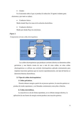 6
• Cátodo:
Es el electrodo sobre el que se produce la reducción. El agente oxidante gana
electrones y por tanto se reduce.
• Conductor iónico:
Medio donde fluye los iones de la solución electrolítica.
• Conductor eléctrico:
Medio por donde fluye los electrones.
Figura 1.
Componentes de una celda electroquímica
Las celdas electroquímicas que producen corriente eléctrica se denomina celdas
galvánicas y una batería consta de una o más de estas celdas, en otras celdas
electroquímicas se utilizan una corriente electroquímica aplicada externamente para
impulsar reacciones químicas que no ocurren espontáneamente, este tipo de baterías se
denomina baterías electrolíticas.
3.3 Tipos de celdas electroquímicas:
i. Celdas galvánicas.
Permite obtener energía a partir de un proceso químico, la reacción química se
produce de modo espontaneo y son llamadas comúnmente como pilas o baterías.
ii. Celdas electrolíticas.
La reacción no se da de forma espontánea, no se obtiene energía eléctrica, la
aplicación de una fuente de energía externa produce una reacción química.
 