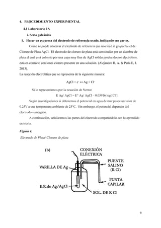 9
4. PROCEDIMIENTO EXPERIMENTAL
4.1 Laboratorio 1A
i. Seria galvánica
1. Hacer un esquema del electrodo de referencia usado, indicando sus partes.
Como se puede observar el electrodo de referencia que nos tocó al grupo fue el de
Cloruro de Plata AgCl. El electrodo de cloruro de plata está constituido por un alambre de
plata el cual está cubierto por una capa muy fina de AgCl solido producido por electrolisis.
está en contacto con iones cloruro presente en una solución. (Alejandro D, A. & Peña E, J.
2013).
La reacción electrolítica que se representa de la siguiente manera:
AgCl + e-
↔ Ag + Cl-
Si lo representamos por la ecuación de Nernst
E Ag/ AgCl = E° Ag/ AgCl – 0.05916 log [Cl-
]
Según investigaciones si obtenemos el potencial en agua de mar posee un valor de
0.25V a una temperatura ambiente de 25°C. Sin embargo, el potencial depender del
electrodo sumergido.
A continuación, señalaremos las partes del electrodo comparándolo con lo aprendido
en teoría.
Figura 4.
Electrodo de Plata/ Cloruro de plata
 