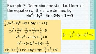 Example 3. Determine the standard form of
the equation of the circle defined by
4x𝟐
+ 4y𝟐
- 4x + 24y + 1 = 0
1
4
(4x2
+ 4y2
- 4x + 24y + 1 = 0)
4
4
x
2
+
4
4
y2
-
4
4
x +
24
4
y +
1
4
= 0
x2
+ y2
- x + 6y +
1
4
= 0
(x2
- x )+ (y2
+ 6y)= -
1
4
(x2
- x +
1
4
)+ (y2
+ 6y + 9)= -
1
4
+
1
4
+ 9
(x −
1
2
)
2
+ (y + 3)2
= 9
 