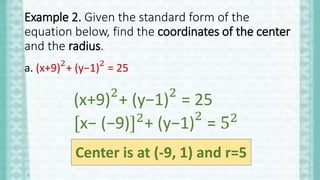 Example 2. Given the standard form of the
equation below, find the coordinates of the center
and the radius.
a. (x+9)2
+ (y−1)2
= 25
Center is at (-9, 1) and r=5
(x+9)2
+ (y−1)2
= 25
[x− (−9)]2
+ (y−1)2
= 52
 