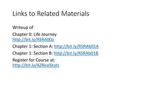 Links to Related Materials
Writeup of
Chapter 0: Life Journey
http://bit.ly/RSRA00a
Chapter 1: Section A: http://bit.ly/RSRAb01A
Chapter 1: Section B: http://bit.ly/RSRAb01B
Register for Course at:
http://bit.ly/AZRealStats
 