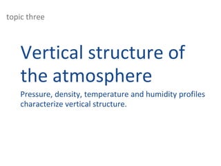 topic three
Vertical structure of
the atmosphere
Pressure, density, temperature and humidity profiles
characterize vertical structure.
 