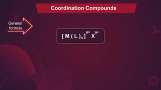 General
formula
a+ a−
[ M ( L )n ] X
Coordination Compounds
 