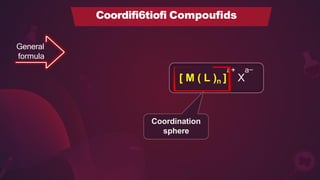 General
formula
a+ a−
[ M ( L )n ] X
Coordifi6tiofi Compoufids
Coordination
sphere
 
