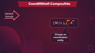 Coordifi6tiofi Compoufids
General
formula
a+ a−
[ M ( L )n ] X
Charge on
coordination
entity
 