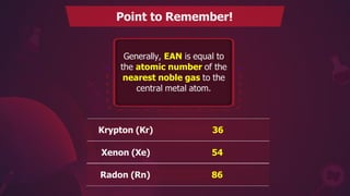 Point to Remember!
Generally, EAN is equal to
the atomic number of the
nearest noble gas to the
central metal atom.
Radon (Rn) 86
Krypton (Kr) 36
Xenon (Xe) 54
 