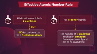 Effective Atomic Number Rule
All donations contribute
2 electrons
1
NO is considered to
be a 3-electron donor
BUT
For 𝛑-donor ligands,
2
The number of 𝛑 electrons
involved in donation
from a particular ligand
are to be considered.
 