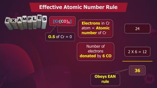 [Cr(CO)6] Electrons in Cr
atom = Atomic
number of Cr
24
Number of
electrons
donated by 6 CO
2 X 6 = 12
36
Obeys EAN
rule
O.S of Cr = 0
Effective Atomic Number Rule
 