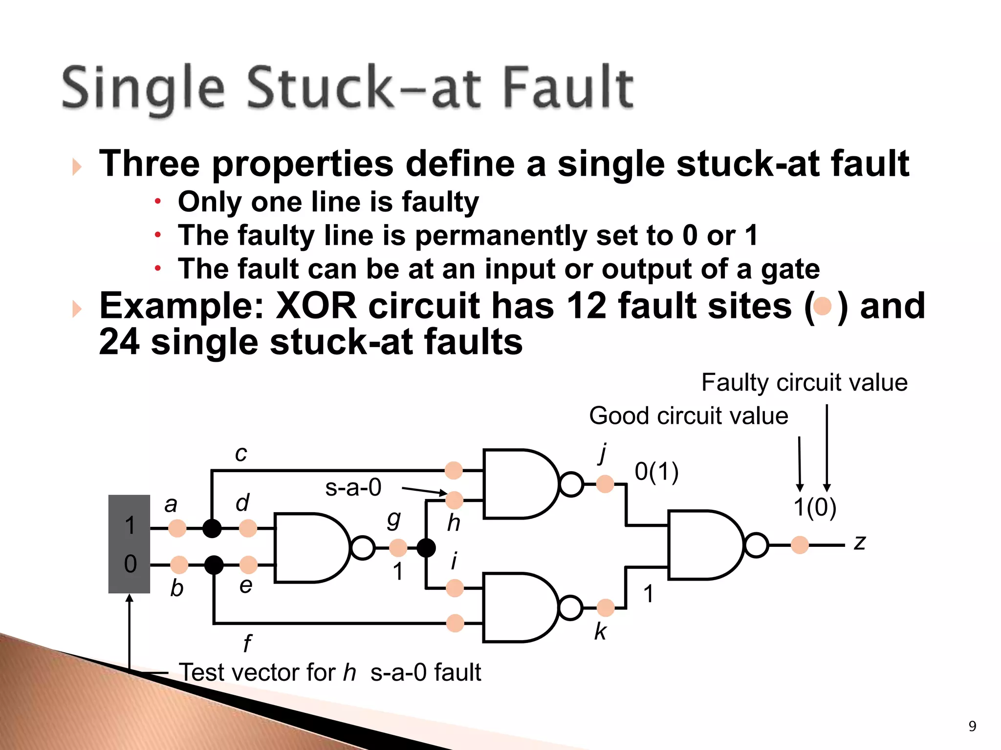 9
 Three properties define a single stuck-at fault
 Only one line is faulty
 The faulty line is permanently set to 0 or 1
 The fault can be at an input or output of a gate
 Example: XOR circuit has 12 fault sites ( ) and
24 single stuck-at faults
a
b
c
d
e
f
1
0
g h
i
1
s-a-0
j
k
z
0(1)
1(0)
1
Test vector for h s-a-0 fault
Good circuit value
Faulty circuit value
 