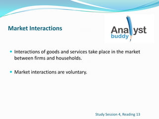Market Interactions
 Interactions of goods and services take place in the market
between firms and households.
 Market interactions are voluntary.
Study Session 4, Reading 13
 