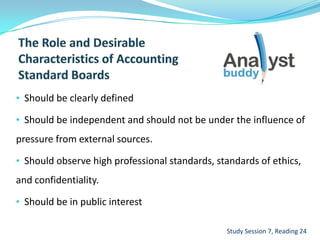 • Should be clearly defined
• Should be independent and should not be under the influence of
pressure from external sources.
• Should observe high professional standards, standards of ethics,
and confidentiality.
• Should be in public interest
Study Session 7, Reading 24
 