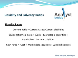 Liquidity Ratios
Current Ratio = Current Assets Current Liabilities
Quick Ratio/Acid Ratio = (Cash + Marketable securities +
Receivables) Current Liabilities
Cash Ratio = (Cash + Marketable securities) Current liabilities
Study Session 8, Reading 26
 
