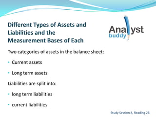 Two categories of assets in the balance sheet:
• Current assets
• Long term assets
Liabilities are split into:
• long term liabilities
• current liabilities.
Study Session 8, Reading 26
 