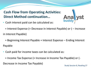 • Cash interest paid can be calculated as:
= Interest Expense (+ Decrease in Interest Payable) or ( – Increase
in Interest Payable)
= Beginning Interest Payable + Interest Expense – Ending Interest
Payable
• Cash paid for income taxes can be calculated as:
= Income Tax Expense (+ Increase in Income Tax Payable) or (-
Decrease in Income Tax Payable)
Study Session 8, Reading 27
 