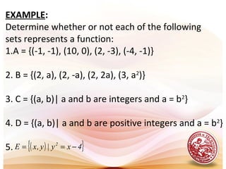 EXAMPLE:
Determine whether or not each of the following
sets represents a function:
1.A = {(-1, -1), (10, 0), (2, -3), (-4, -1)}
2. B = {(2, a), (2, -a), (2, 2a), (3, a2
)}
3. C = {(a, b)| a and b are integers and a = b2
}
4. D = {(a, b)| a and b are positive integers and a = b2
}
5. ( ){ }4xy|y,xE 2
−==
 