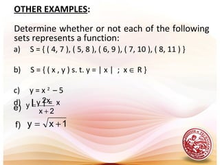 OTHER EXAMPLES:
Determine whether or not each of the following
sets represents a function:
a) S = { ( 4, 7 ), ( 5, 8 ), ( 6, 9 ), ( 7, 10 ), ( 8, 11 ) }
b) S = { ( x , y ) s. t. y = | x | ; x ∈ R }
c) y = x 2
– 5
d) | y | = x
2x
x2
y
+
=e)
1xy +=f)
 