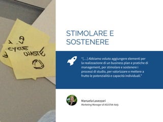 PORSI LE DOMANDE 
GIUSTE 
“I ragazzi hanno capito che buttarsi a capofitto è 
controproducente. Si sono dedicati, invece, alla 
progettazione della loro idea, imparando a porsi 
le giuste domande per capire in che direzione 
muoversi, oltre a mettersi in gioco, a lavorare in 
gruppo e a gestire gli imprevisti.” 
Luca Cattoi 
CEO Graffiti 
 