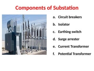Components of Substation
a. Circuit breakers
b. Isolator
c. Earthing switch
d. Surge arrester
e. Current Transformer
f. Potential Transformer
 