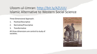 Uloom-ul-Umran: http://bit.ly/AZUUU
Islamic Alternative to Western Social Science
Three Dimensional Approach:
1. Positive/...