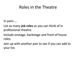Roles in the Theatre
In pairs …
List as many job roles as you can think of in
professional theatre.
Include onstage, backstage and front of house
roles.
Join up with another pair to see if you can add to
your list.
 