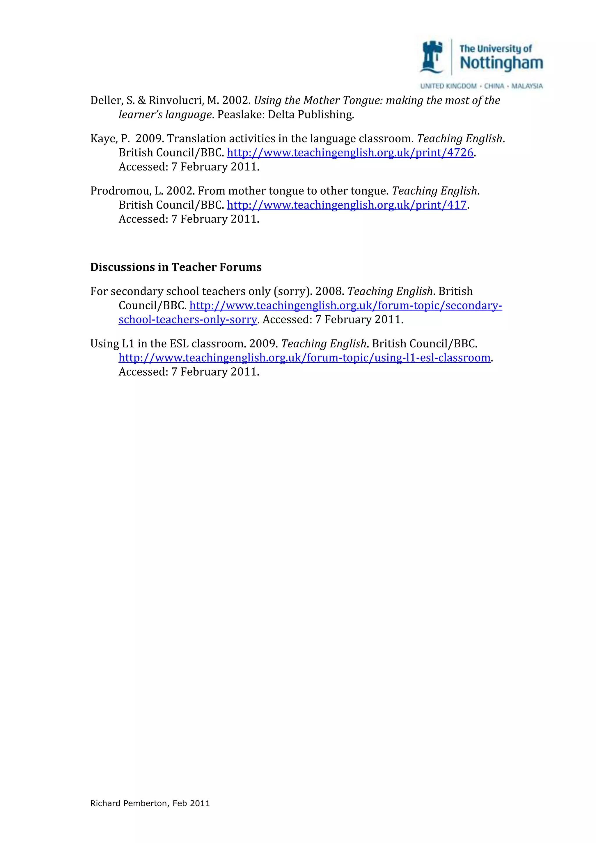 L1 in L2 classroom reading list 2011