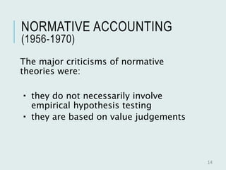 NORMATIVE ACCOUNTING
(1956-1970)
The major criticisms of normative
theories were:
 they do not necessarily involve
empirical hypothesis testing
 they are based on value judgements
14
 