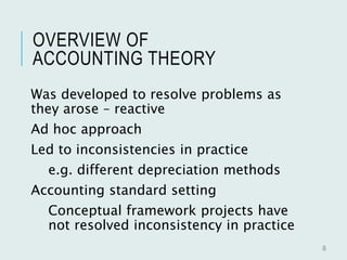 OVERVIEW OF
ACCOUNTING THEORY
Was developed to resolve problems as
they arose – reactive
Ad hoc approach
Led to inconsistencies in practice
e.g. different depreciation methods
Accounting standard setting
Conceptual framework projects have
not resolved inconsistency in practice
8
 