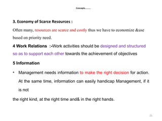 25
Concepts……….
3. Economy of Scarce Resources :
Often many, resources are scarce and costly thus we have to economize &use
based on priority need.
4 Work Relations :-Work activities should be designed and structured
so as to support each other towards the achievement of objectives
5 Information
• Management needs information to make the right decision for action.
At the same time, information can easily handicap Management, if it
is not
the right kind, at the right time and& in the right hands.
 