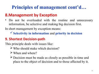 Principles of management cont’d…
8.Management by Exception
• Do not be overloaded with the routine and unnecessary
information, be selective and making big decision first.
In short management by exception means:
Selectivity in information and priority in decision
9. Shortest Decision-path
This principle deals with issues like:
Who should make which decision?
When and where?
Decision must be made as closely as possible in time and
place to the object of decision and to those affected by it.
30
 