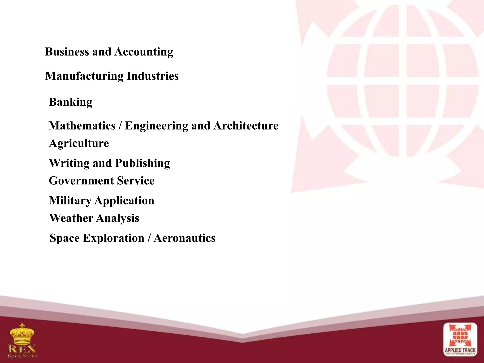 Business and Accounting
Manufacturing Industries
Banking
Mathematics / Engineering and Architecture
Agriculture
Writing and Publishing
Government Service
Military Application
Weather Analysis
Space Exploration / Aeronautics
 