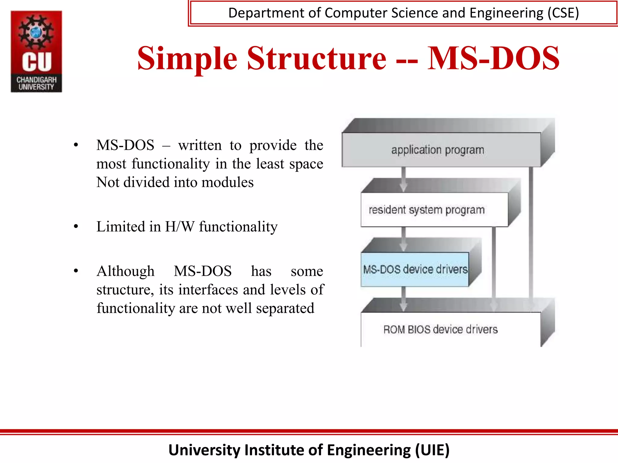 University Institute of Engineering (UIE)
Department of Computer Science and Engineering (CSE)
Simple Structure -- MS-DOS
• MS-DOS – written to provide the
most functionality in the least space
Not divided into modules
• Limited in H/W functionality
• Although MS-DOS has some
structure, its interfaces and levels of
functionality are not well separated
 