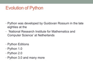 Introduction to python history and platforms | PPTX | Shareware and ...