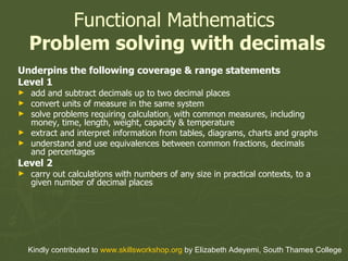 Functional Mathematics   Problem solving with decimals ,[object Object],[object Object],[object Object],[object Object],[object Object],[object Object],[object Object],[object Object],[object Object],Kindly contributed to  www.skillsworkshop.org  by  Elizabeth Adeyemi, South Thames College 