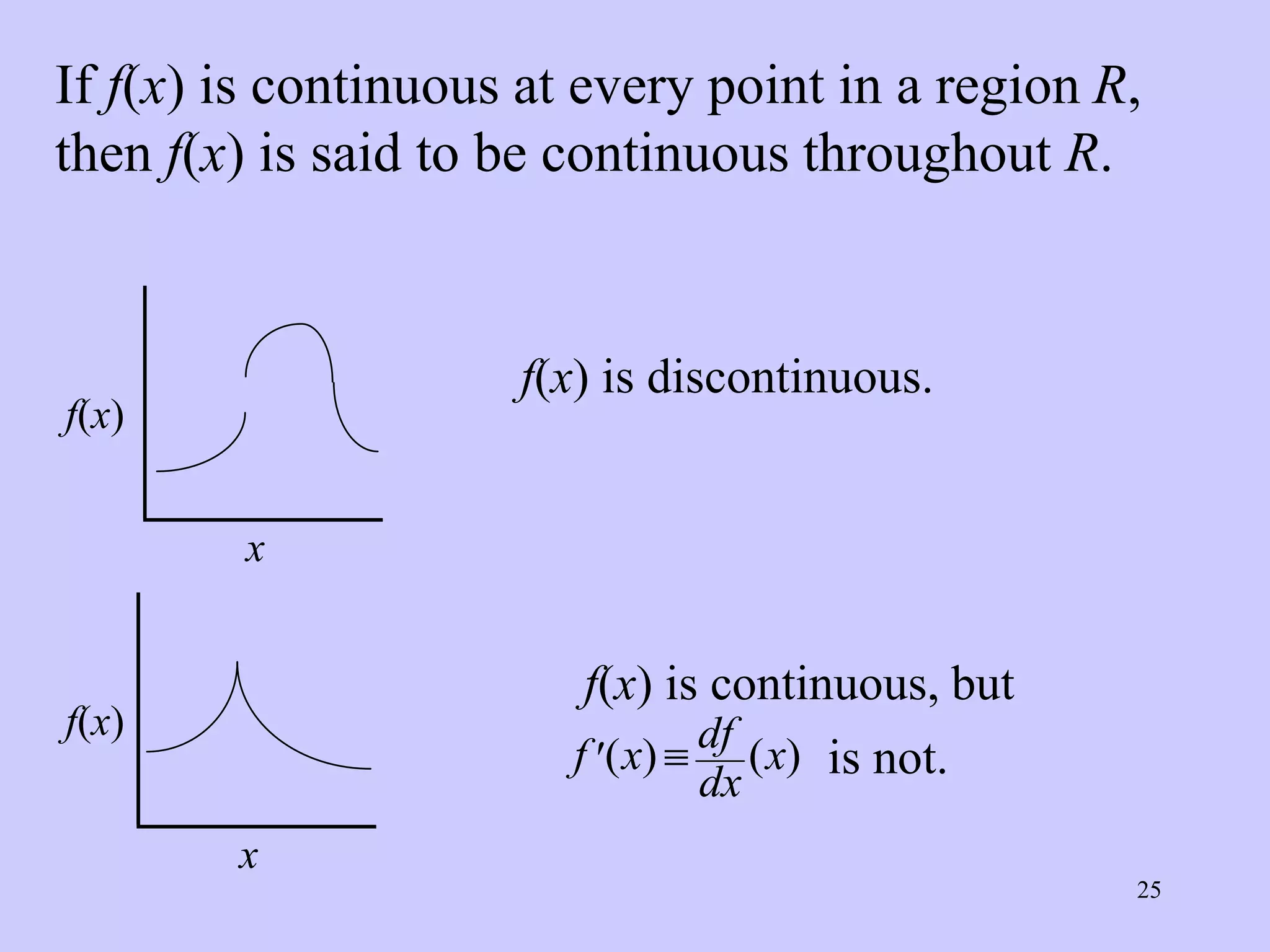 25
If f(x) is continuous at every point in a region R,
then f(x) is said to be continuous throughout R.
x
f(x)
x
f(x)
f(x) is discontinuous.
f(x) is continuous, but
( ) ( )
df
f x x
dx

 is not.
 