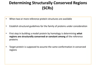 Determining Structurally Conserved Regions
(SCRs)
• When two or more reference protein structures are available
• Establish structural guidelines for the family of proteins under consideration
• First step in building a model protein by homology is determining what
regions are structurally conserved or constant among all the reference
proteins
• Target protein is supposed to assume the same conformation in conserved
regions
 