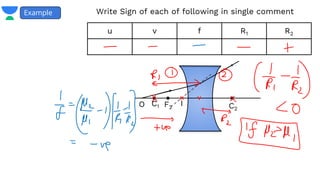 Example
O I
C1 F2 C2
u v f R1 R2
Write Sign of each of following in single comment
 