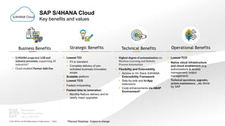 24
PUBLIC
© 2021 SAP SE or an SAP affiliate company. All rights reserved. ǀ
SAP S/4HANA Cloud
Key benefits and values
 S/4HANA scope incl. LOB and
industry processes, supporting 20
industries*
 Cloud enabled Partner Add-Ons
 Highest degree of automatization via
Machine Learning and Robotic
Process Automation
 Flexibility and Extensibility
 Access to On Stack S/4HANA
Extensibility Framework
 Side-by-side and In-App
extensions
 Code enhancements via ABAP
Environment*
 Lowest TCO
 Native cloud infrastructure
and cloud enablement (e.g.
authorizations & access
management, output
management)
 Technical operations, upgrades,
system maintenance, …etc. done
by SAP
 Lowest TCI
 Fit to standard
 Complete delivery of pre-
activated business innovation
scope
 Scalable platform
 Lowest TCO
 Fastest onboarding
 Fastest time to innovation
 Monthly feature delivery and bi-
yearly major upgrades
Technical Benefits Operational Benefits
Business Benefits Strategic Benefits
*Planned Roadmap. Subject to change
S/4HANA Cloud
 